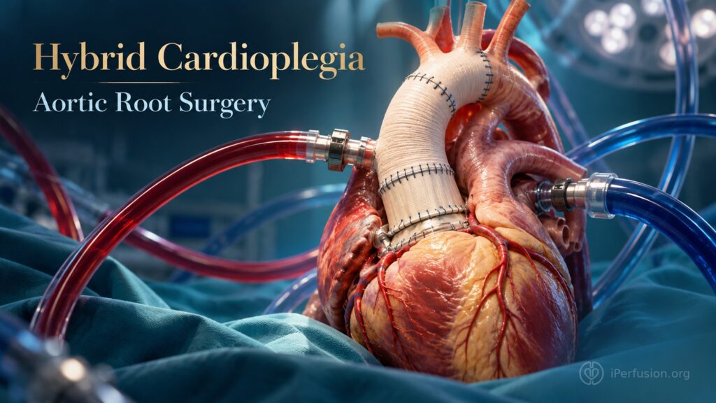 Conceptual illustration of a heart, aortic graft and perfusion tubing for hybrid cardioplegia research, with IPA watermark.