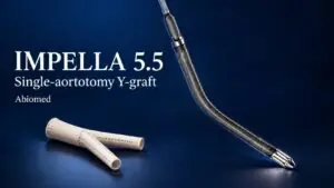 Editorial illustration of the Abiomed Impella 5.5 and a separate Y-shaped vascular graft