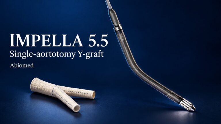 Editorial illustration of the Abiomed Impella 5.5 and a separate Y-shaped vascular graft