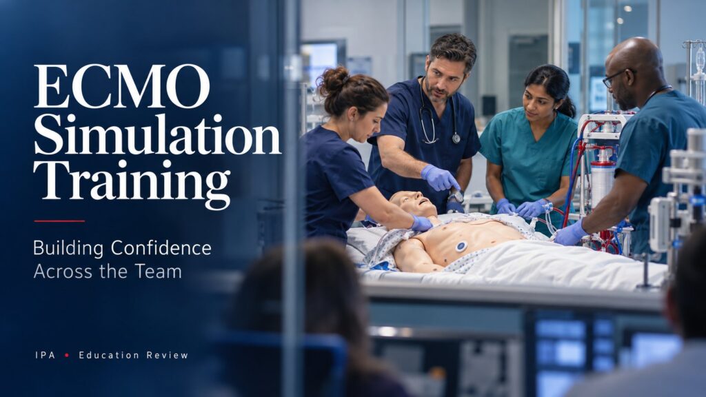 Conceptual illustration of an interdisciplinary clinical team training with a mannequin and simulated ECMO equipment.