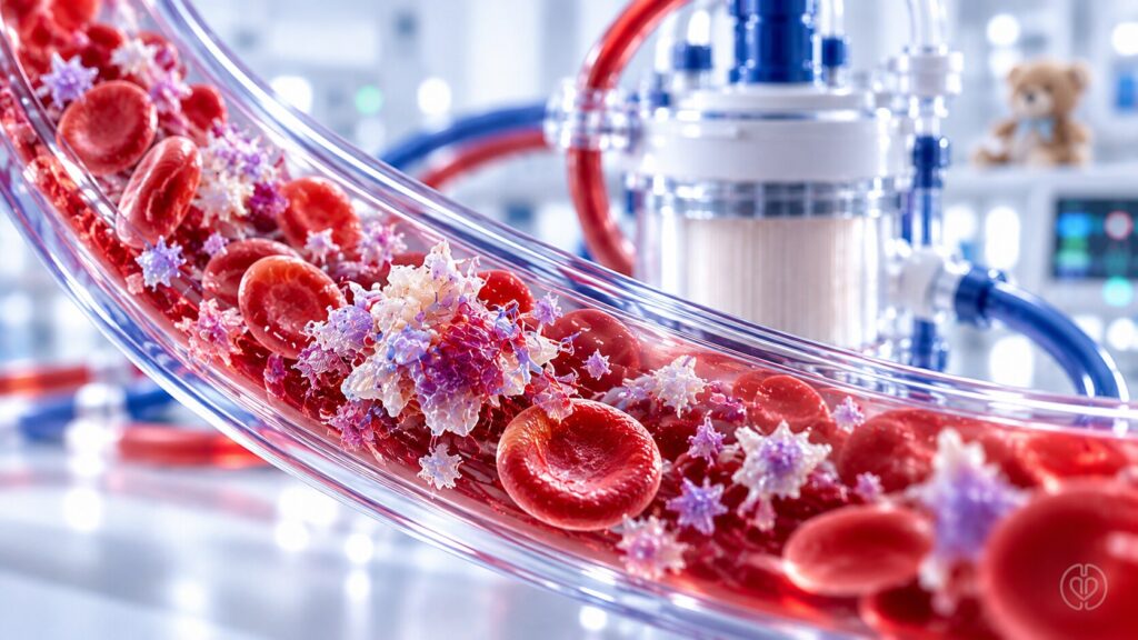 Conceptual magnified platelets and red blood cells in ECMO tubing, with a pediatric intensive-care setting and IPA watermark.