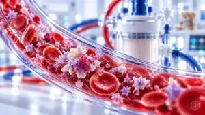 Conceptual magnified platelets and red blood cells in ECMO tubing, with a pediatric intensive-care setting and IPA watermark.