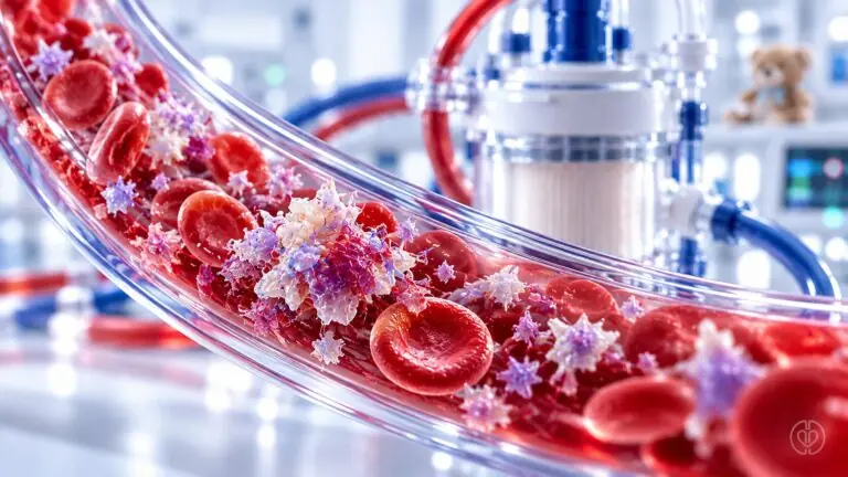 Conceptual magnified platelets and red blood cells in ECMO tubing, with a pediatric intensive-care setting and IPA watermark.