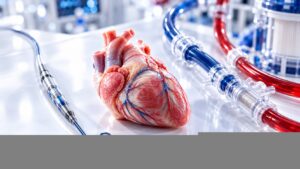 Conceptual illustration of a heart, microaxial catheter pump and ECMO equipment representing left ventricular unloading strategies.