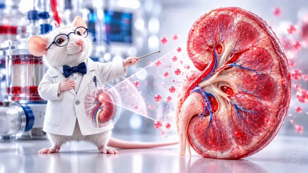 A whimsical laboratory rat scientist presents a magnified kidney to illustrate experimental lactate and kidney injury research.