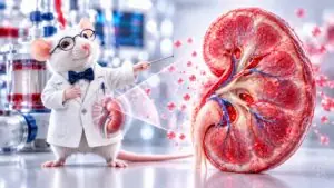 A whimsical laboratory rat scientist presents a magnified kidney to illustrate experimental lactate and kidney injury research.