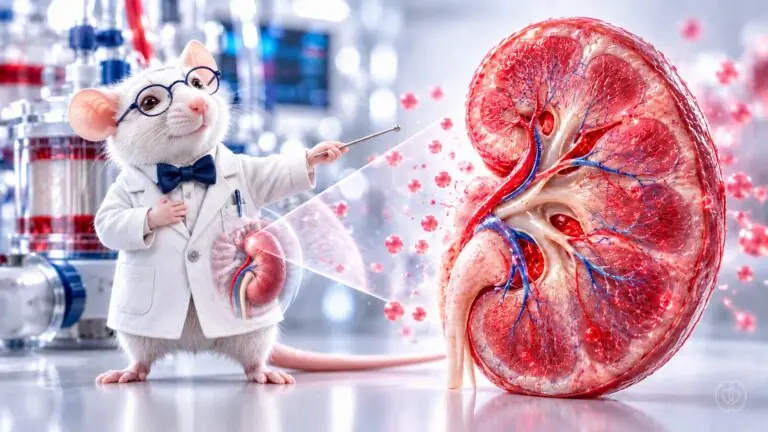 A whimsical laboratory rat scientist presents a magnified kidney to illustrate experimental lactate and kidney injury research.