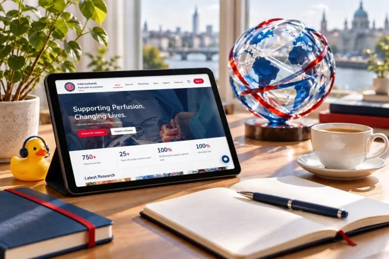 A tablet displaying the actual iPerfusion.org homepage beside a globe, coffee, and a playful headset-wearing duck.
