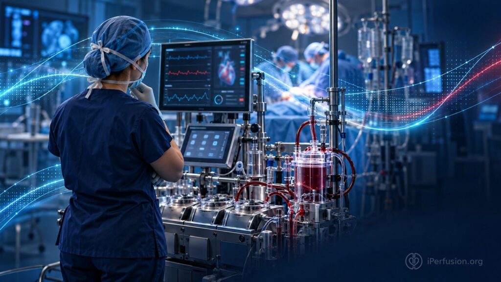 Illustration of a perfusionist with AI-supported monitoring during cardiopulmonary bypass.