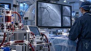 Editorial illustration of coronary angiography and mechanical circulatory support equipment in a catheterization laboratory, with an IPA watermark