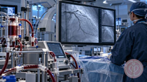 Clinical editorial illustration with the official International Perfusion Association logo at 50 percent opacity