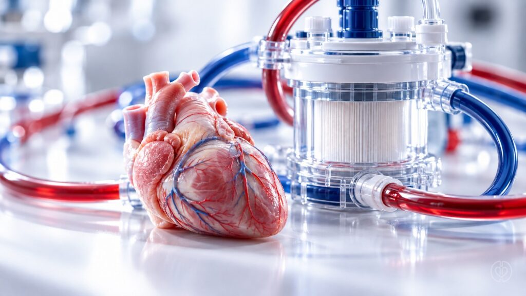 Conceptual heart model beside an extracorporeal oxygenator and red and blue tubing
