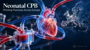 Conceptual illustration of neonatal heart, bypass tubing and Europe representing neonatal CPB priming practices.
