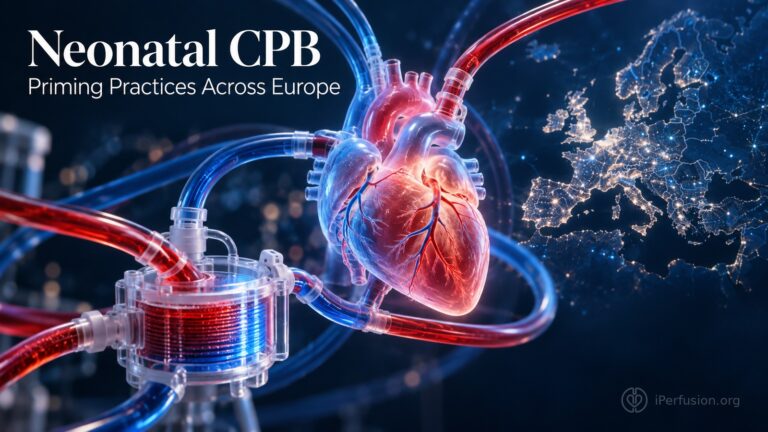 Conceptual illustration of neonatal heart, bypass tubing and Europe representing neonatal CPB priming practices.
