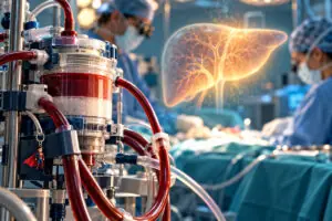 Conceptual illustration of extracorporeal perfusion equipment and a glowing liver silhouette in an operating room.
