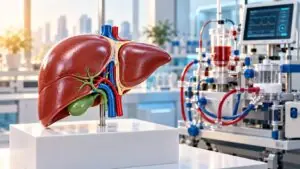 Conceptual liver teaching model beside extracorporeal perfusion equipment, illustrating pediatric domino liver transplantation and NRP.