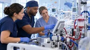 Illustration of nurses and a perfusion clinician reviewing extracorporeal support equipment together in a pediatric intensive care setting.