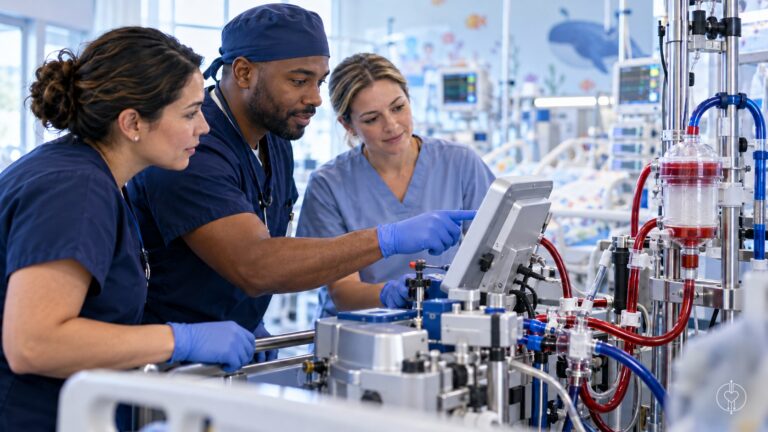 Illustration of nurses and a perfusion clinician reviewing extracorporeal support equipment together in a pediatric intensive care setting.