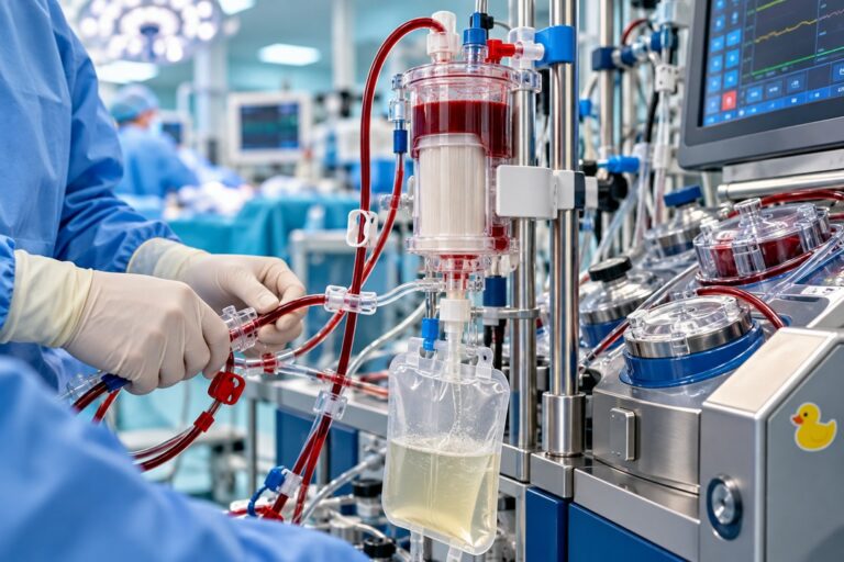 AI-generated conceptual illustration of pediatric bypass ultrafiltration equipment and perfusionist hands.