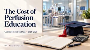 Graduation cap, notebook and calculator with a perfusion training laboratory in the background; corrected 2024–2025 tuition data.