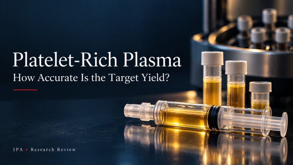 Conceptual illustration of golden plasma samples and a syringe for the IPA platelet-rich plasma research review.