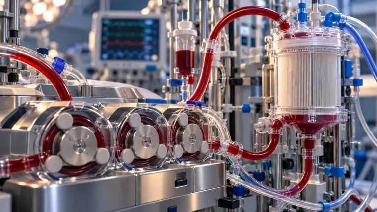 Conceptual roller-pump cardiopulmonary bypass equipment illustrating research into pulsatile and non-pulsatile perfusion.