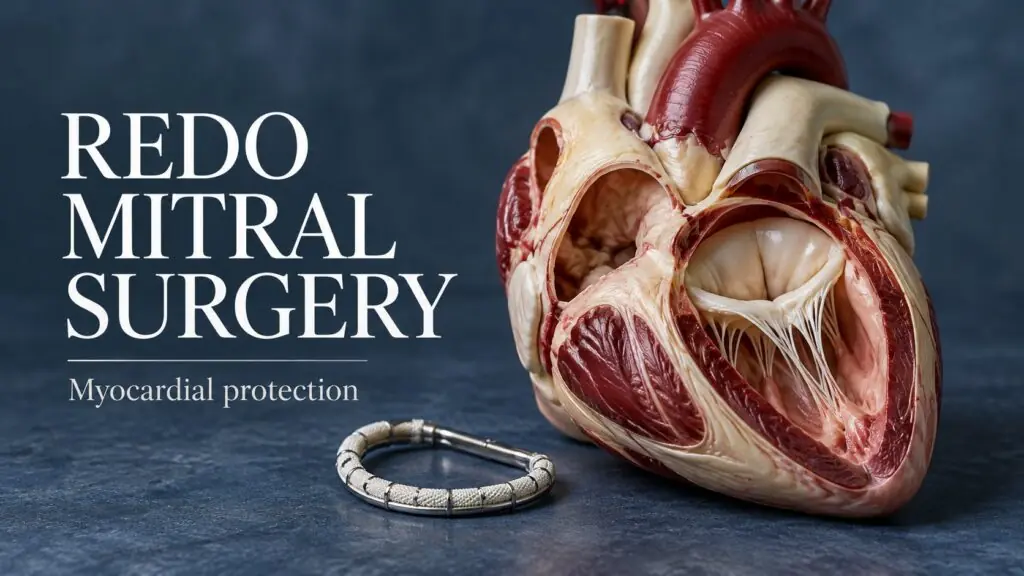 Conceptual heart teaching model and annuloplasty ring illustrating redo mitral surgery