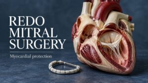 Conceptual heart teaching model and annuloplasty ring illustrating redo mitral surgery