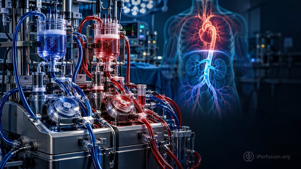 Conceptual editorial illustration of two perfusion pump modules and independently illuminated upper and lower vascular territories.