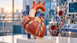 Conceptual heart teaching model with an ascending aortic graft and cardiopulmonary bypass equipment in the background.