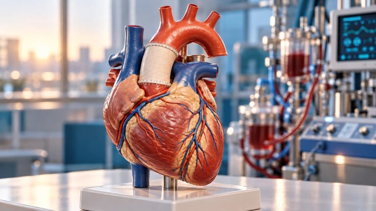 Conceptual heart teaching model with an ascending aortic graft and cardiopulmonary bypass equipment in the background.