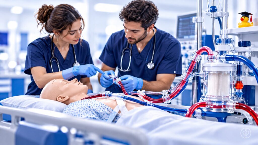 Conceptual illustration of clinicians practicing ECMO skills with a training mannequin and simulation equipment, with IPA watermark.