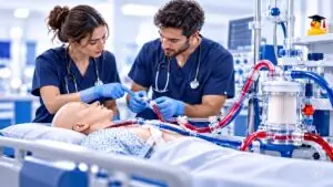 Conceptual illustration of clinicians practicing ECMO skills with a training mannequin and simulation equipment, with IPA watermark.