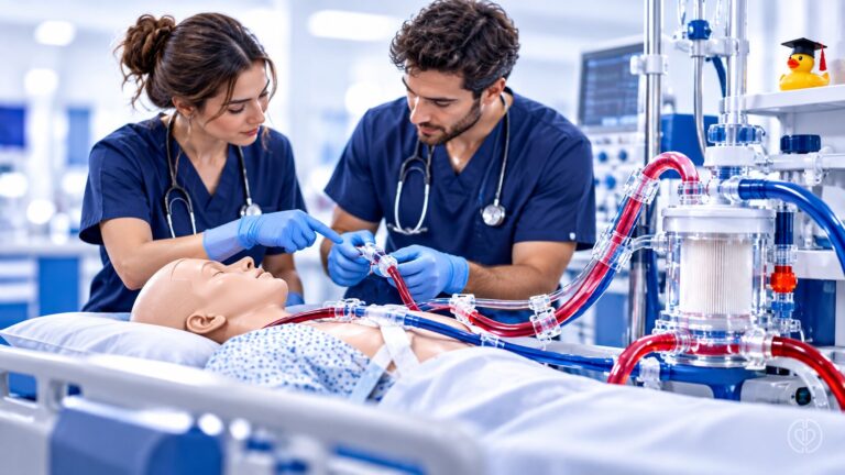 Conceptual illustration of clinicians practicing ECMO skills with a training mannequin and simulation equipment, with IPA watermark.