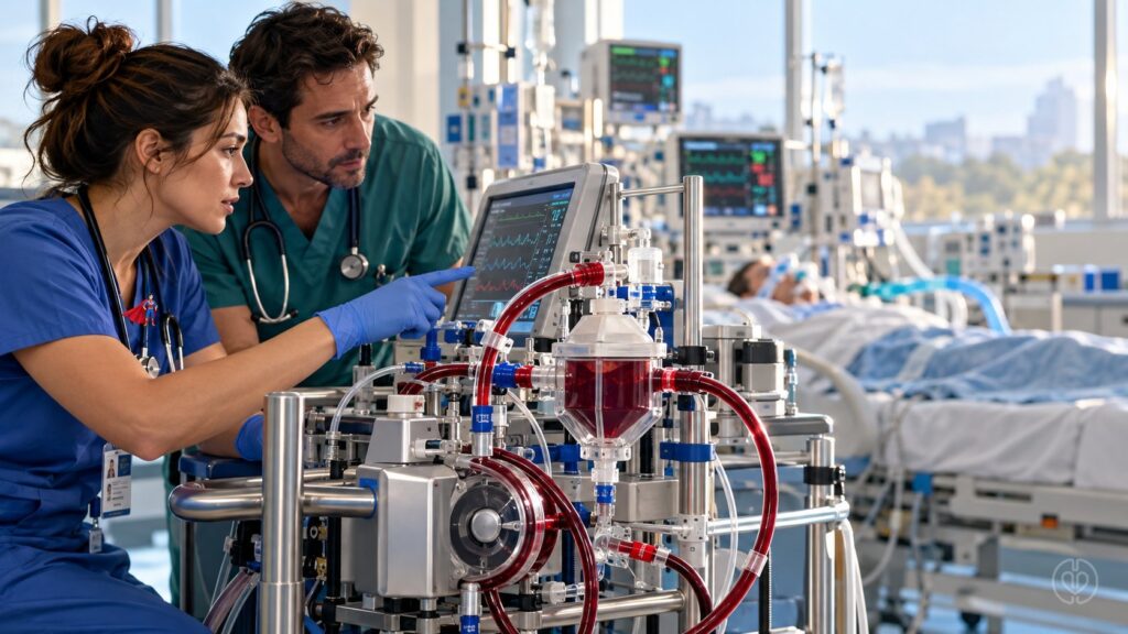Critical care team assessing a VA-ECMO circuit before weaning