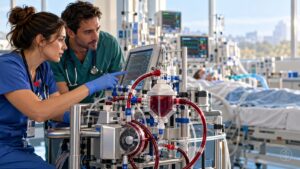 Critical care team assessing a VA-ECMO circuit before weaning