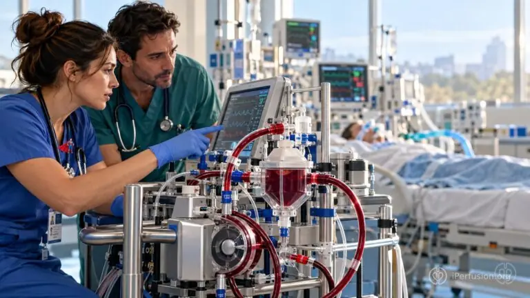Critical care team assessing a VA-ECMO circuit before weaning.