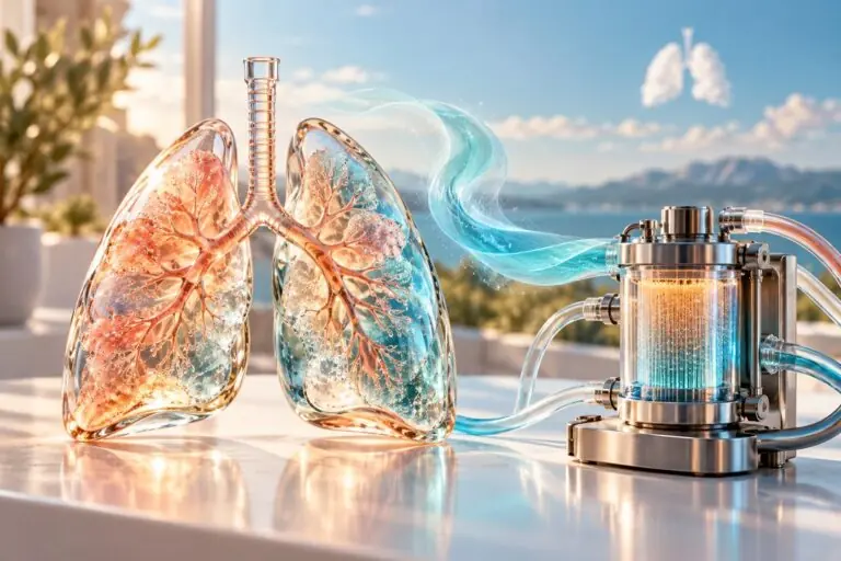 Conceptual illustration of lungs and extracorporeal CO2 removal for COPD